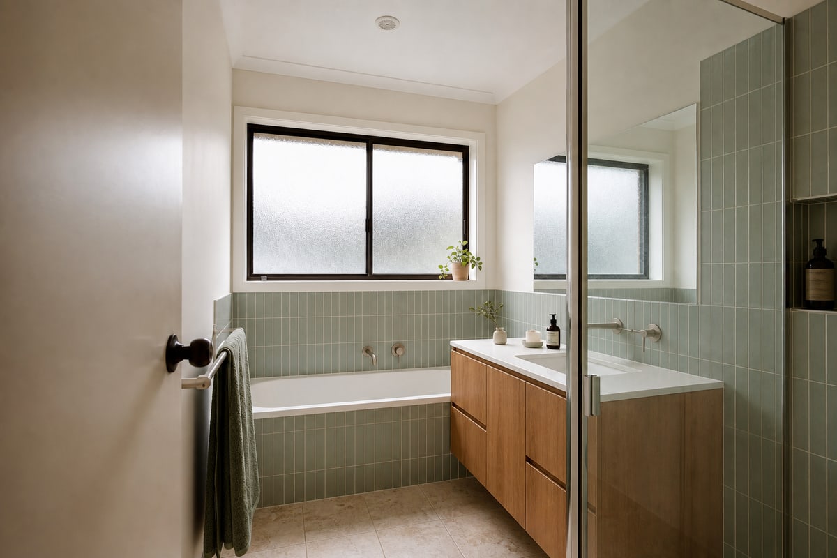 The same bathroom concept after a practical green tile and timber renovation