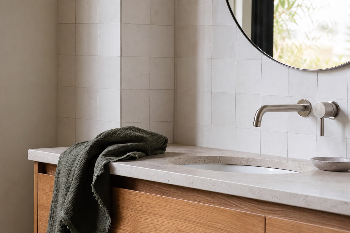 Close detail of an oak bathroom vanity, pale stone basin and brushed nickel tap