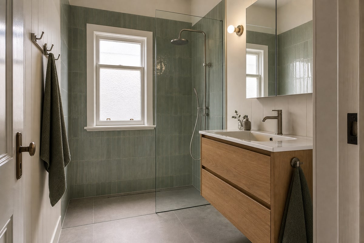 Compact green-tiled bathroom with timber vanity and walk-in shower